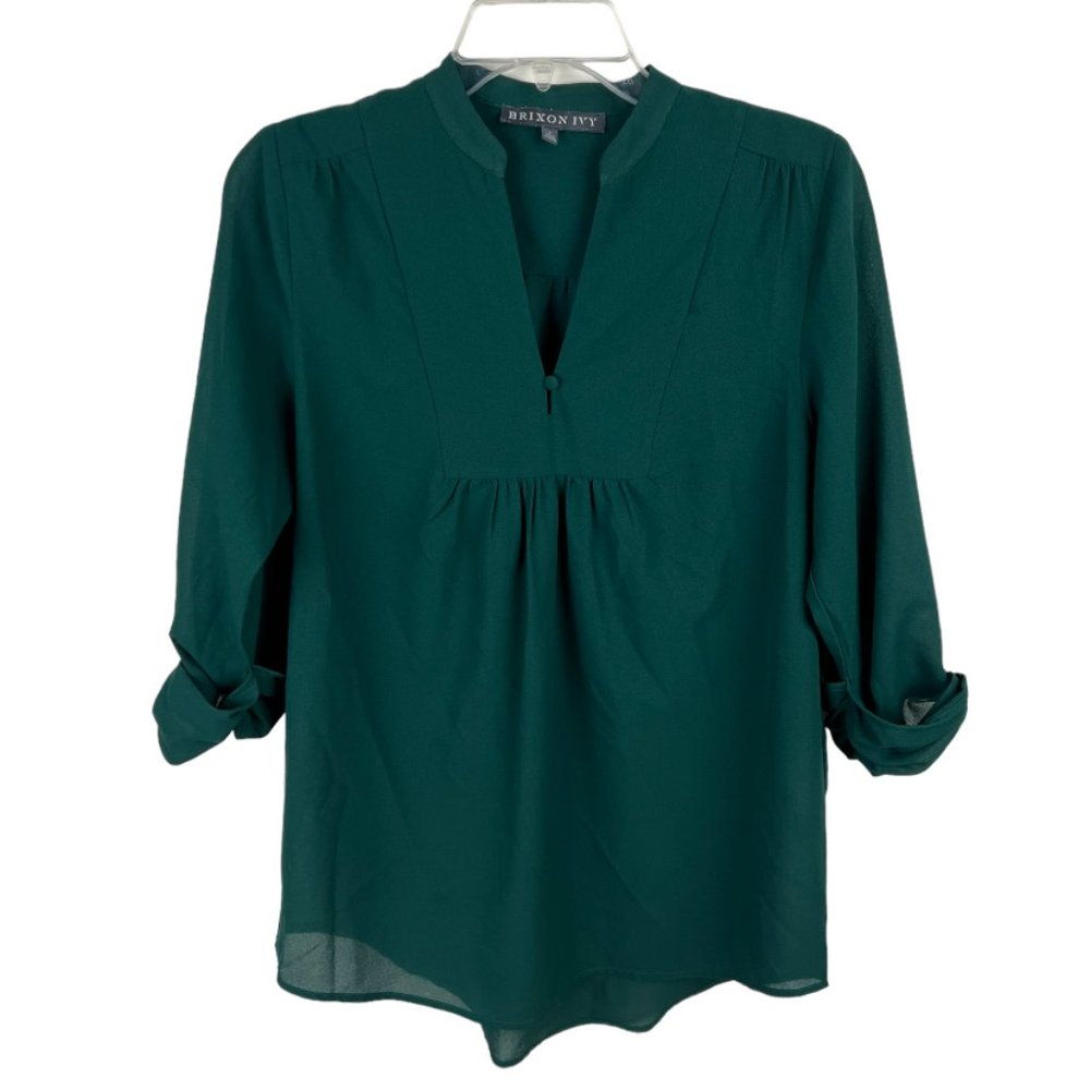 Stitch Fix Brixon Ivy Forest Green popover blouse top Sz S 3/4 sleeve v-neck - Picture 1 of 6